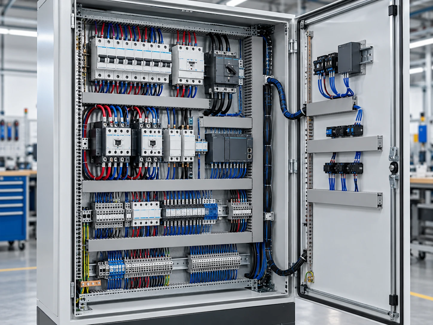 Vue illustrative d’une armoire électrique ouverte dans un atelier
